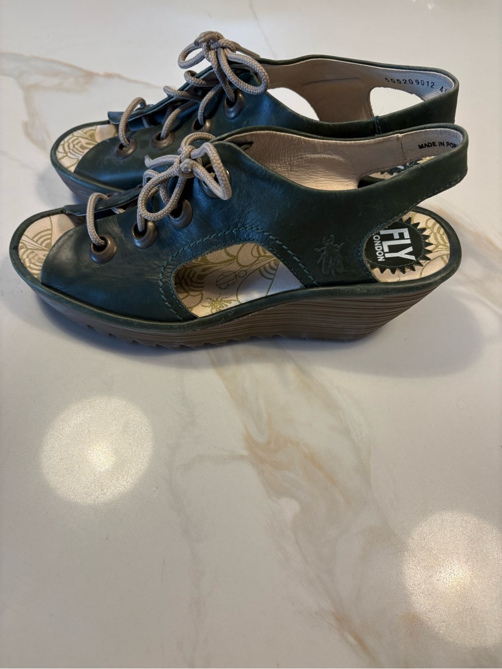 Fly London Dark Olive Green Lace-Up Slingback Wedge Sandal